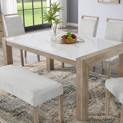 Zelalle Dining Table, Faux Marble Paper Top and White Wired-Brushed Finish
