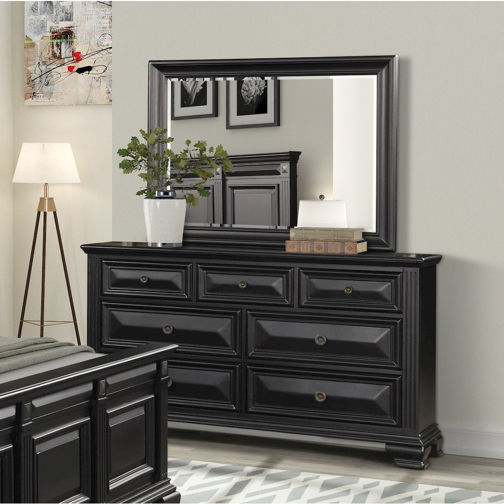 Vintage Black Wood Bedroom Set, Queen Bed, Dresser, Mirror,2 Nightstands, Chest