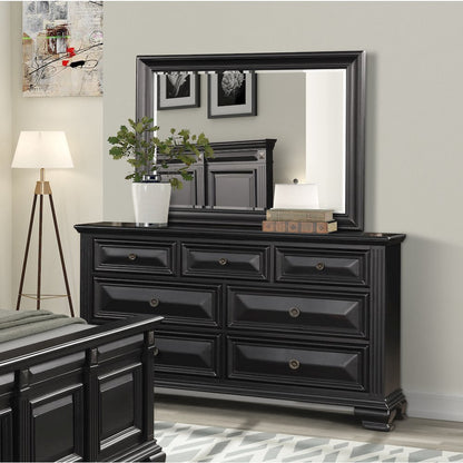 Vintage Black Wood Bedroom Set, Queen Bed, Dresser, Mirror,2 Nightstands, Chest