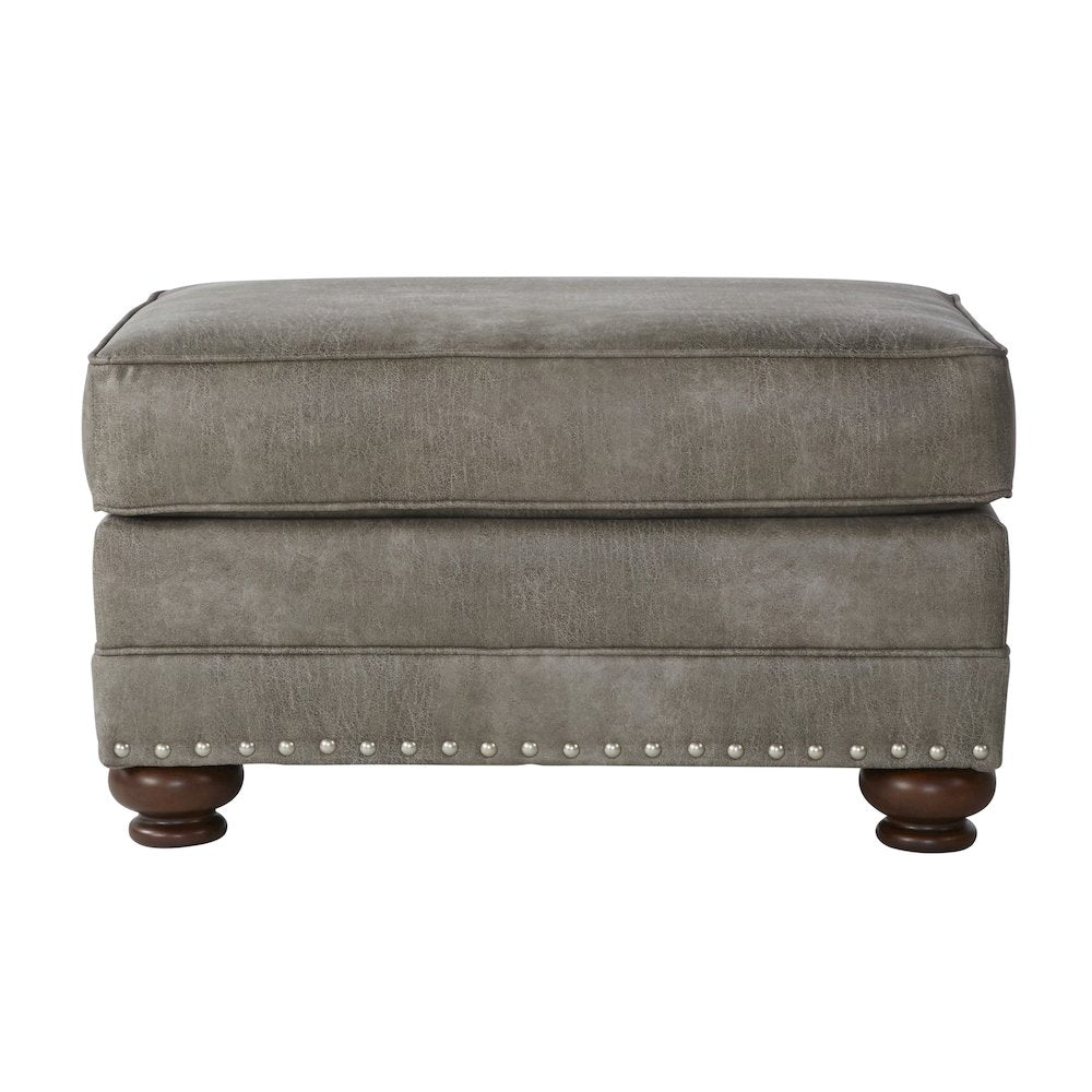 Leinster Faux Leather Upholstered Nailhead Chair and Ottoman in Stone Gray