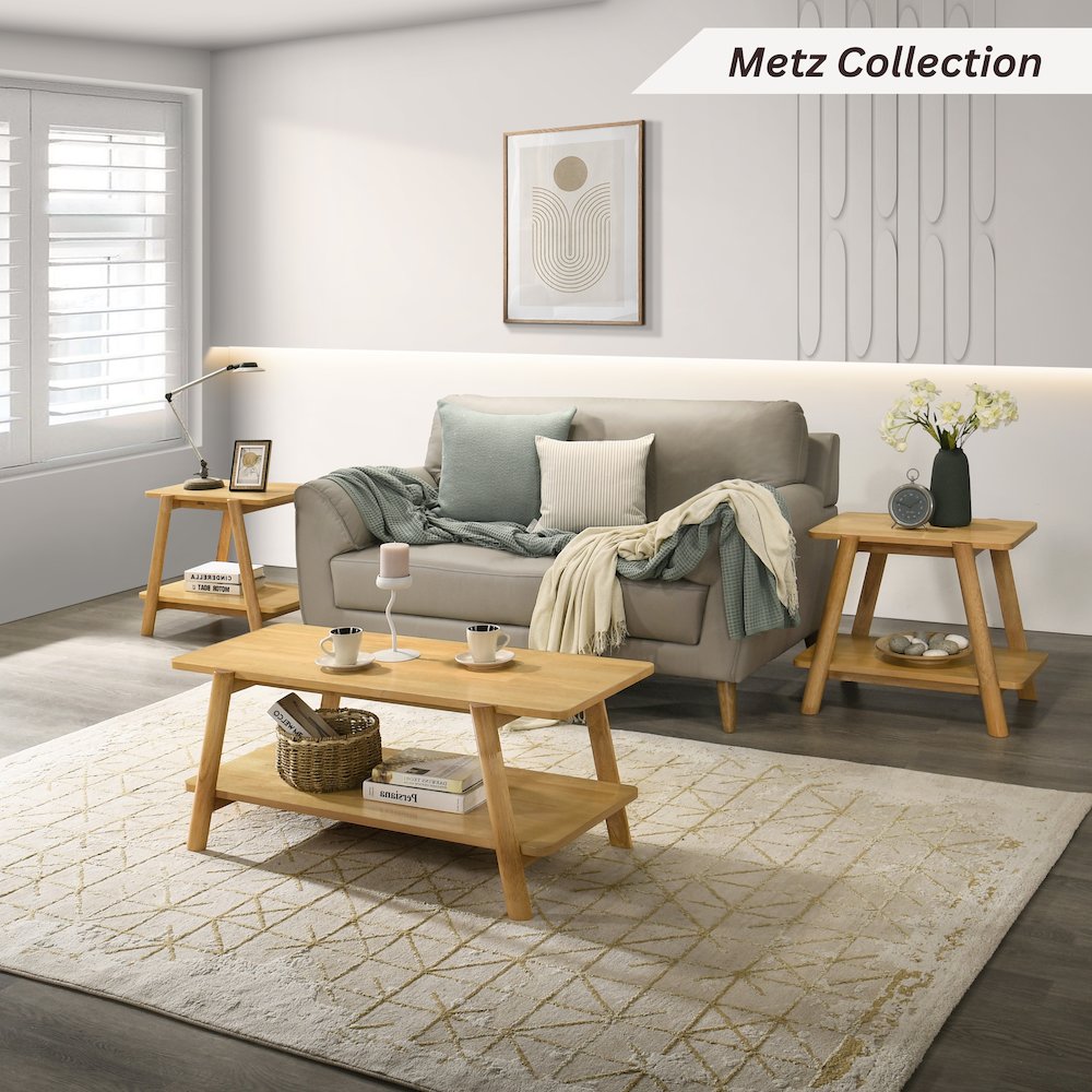 Metz Mid-Century Modern Wood Shelf Coffee Table, Natural Oak Finish