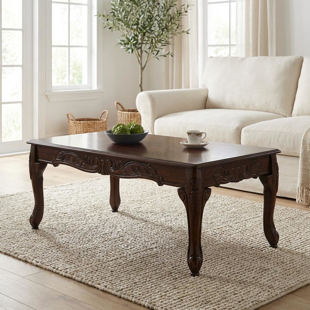 Dark Cherry Wood Coffee Table with Ornate Traditional Detailing and Sturdy Build