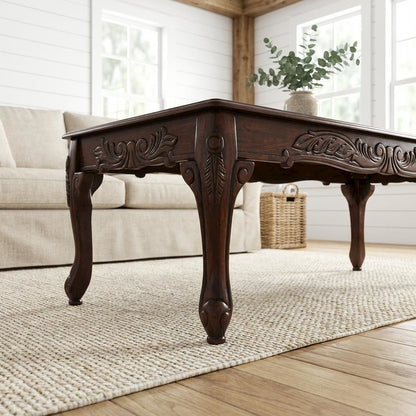 Dark Cherry Wood Coffee Table with Ornate Traditional Detailing and Sturdy Build