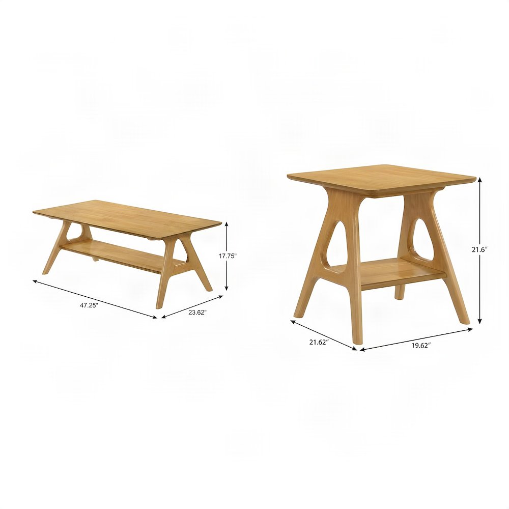 Rubberwood Coffee Table and End Tables Living Room 3 Piece Set, Natual Oak