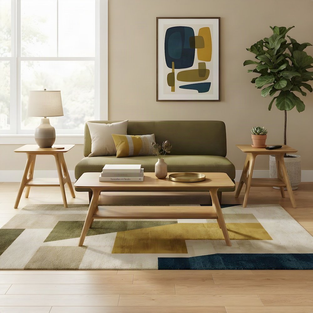 Rubberwood Coffee Table and End Tables Living Room 3 Piece Set, Natual Oak