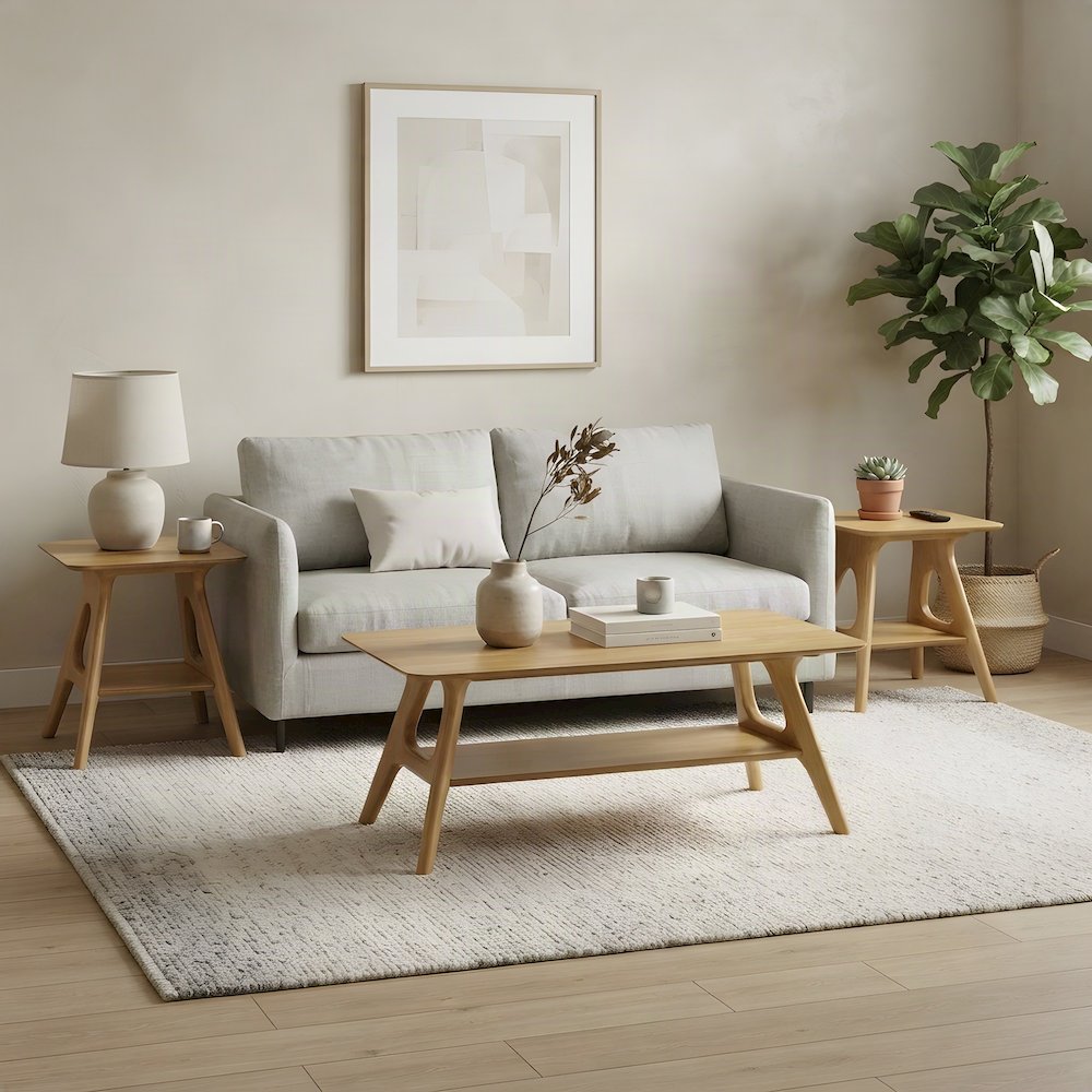 Rubberwood Coffee Table and End Tables Living Room 3 Piece Set, Natual Oak