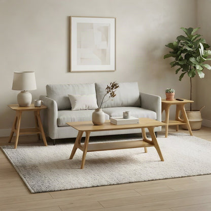 Rubberwood Coffee Table and End Tables Living Room 3 Piece Set, Natual Oak