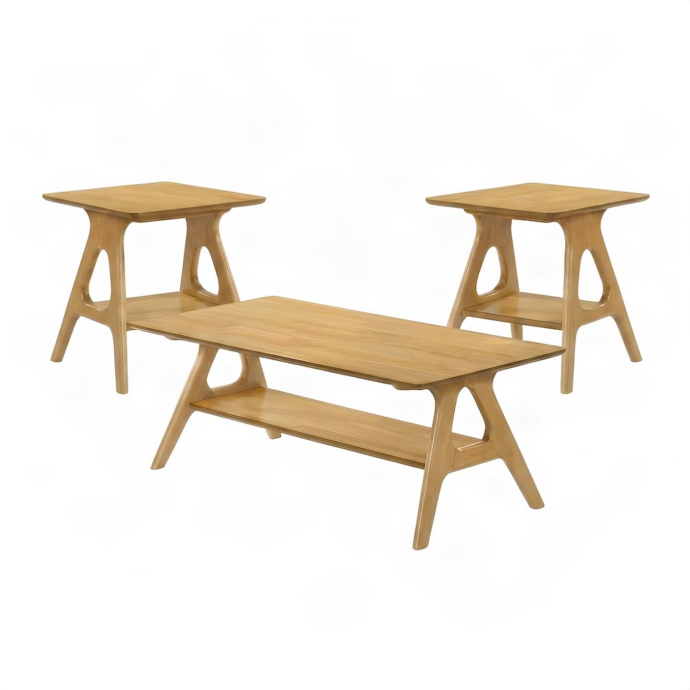 Rubberwood Coffee Table and End Tables Living Room 3 Piece Set, Natual Oak