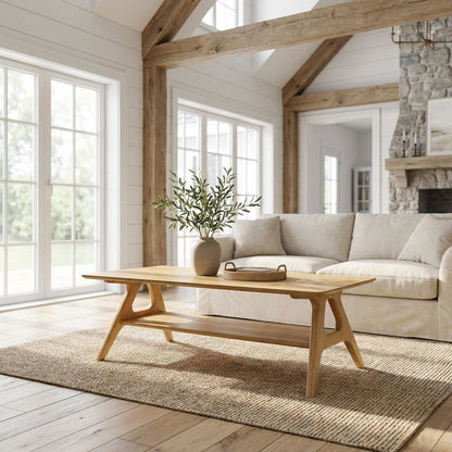 Oak Coffee Table with Wood Shelf and Mid-Century Modern Design