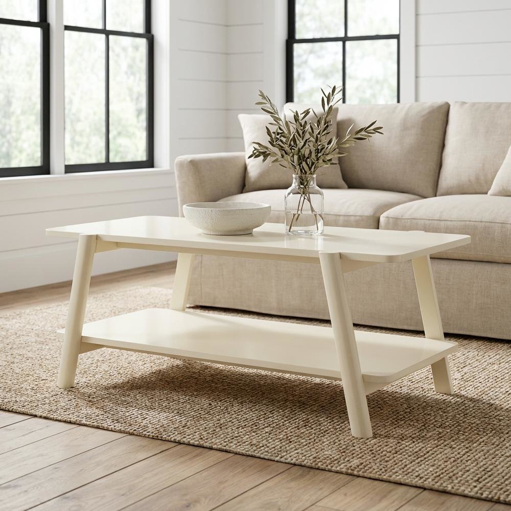 Off-White Mid-Century Modern Coffee Table with Wood Shelf and Sturdy Frame