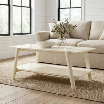 Off-White Mid-Century Modern Coffee Table with Wood Shelf and Sturdy Frame