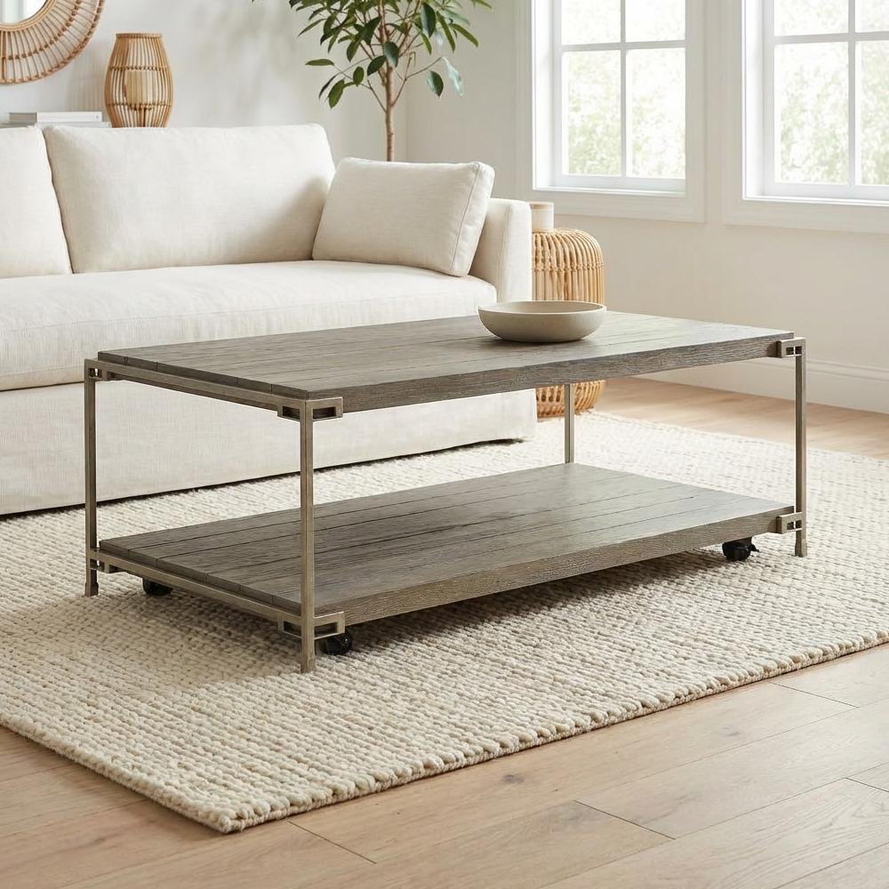 Metal Frame Coffee Table with Casters and Wood Top Durable Livable Design