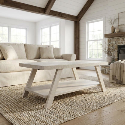 White Wood Coffee Table with Contemporary Shelf and Sturdy Construction