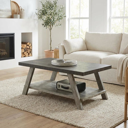 Two-Tone Wood Coffee Table in Weathered Walnut Gray with Open Shelf Storage