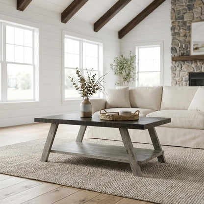 Two-Tone Wood Coffee Table in Weathered Walnut Gray with Open Shelf Storage
