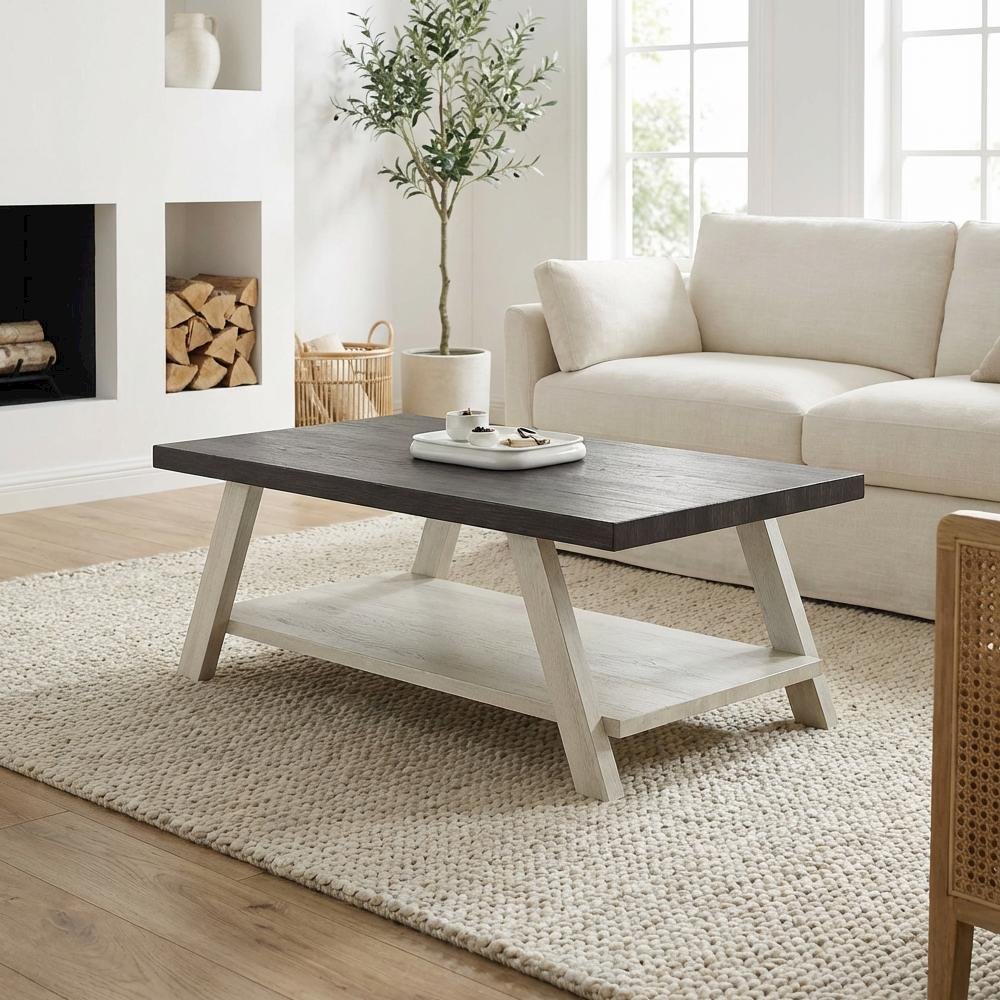 Two-Tone Weathered Charcoal Beige Wood Coffee Table with Storage Space