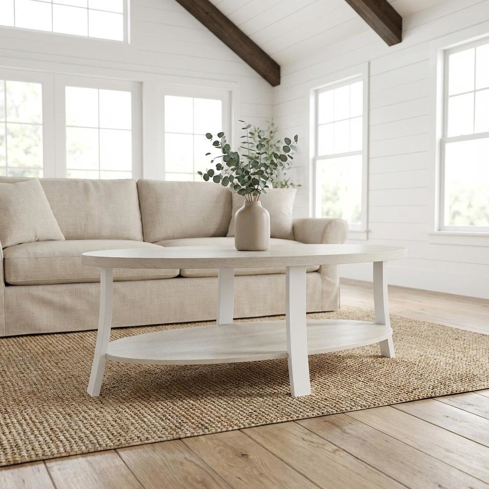 White Oval Wood Shelf Coffee Table with Contemporary Design and Storage Space
