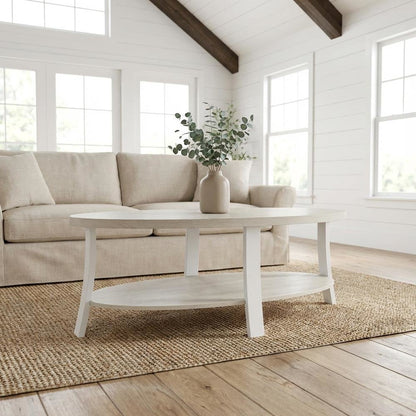 White Oval Wood Shelf Coffee Table with Contemporary Design and Storage Space