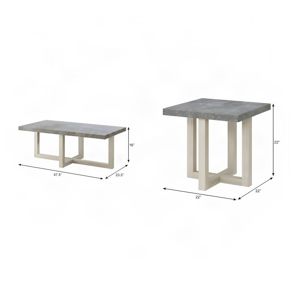 Wood Faux Concrete-Top Coffee and End Table 3 Piece Set, Faux Concrete and White