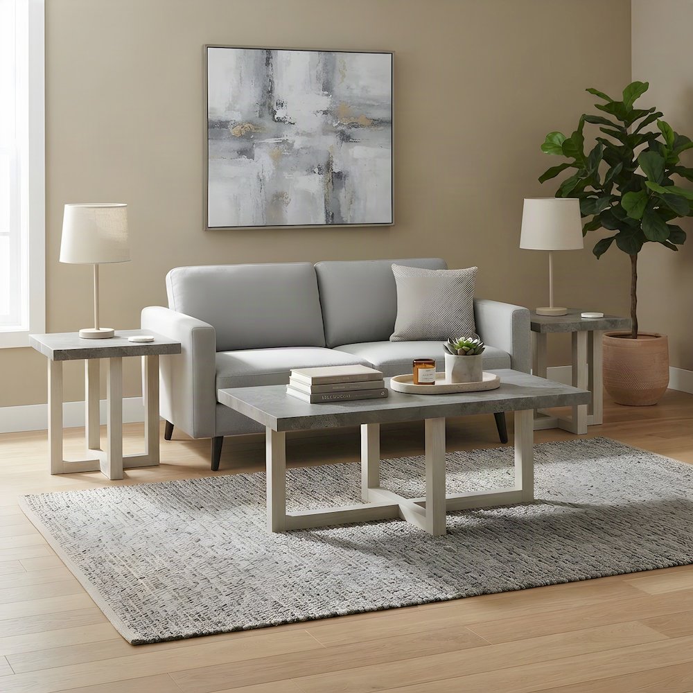 Wood Faux Concrete-Top Coffee and End Table 3 Piece Set, Faux Concrete and White