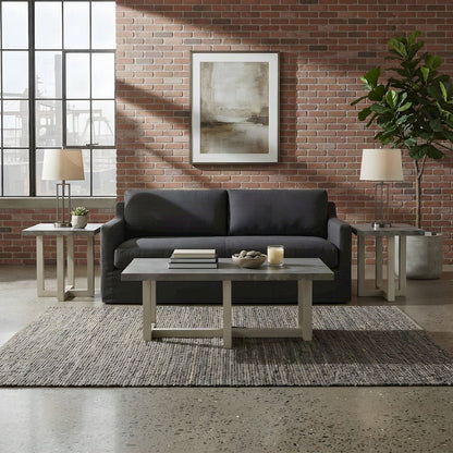 Wood Faux Concrete-Top Coffee and End Table 3 Piece Set, Faux Concrete and White