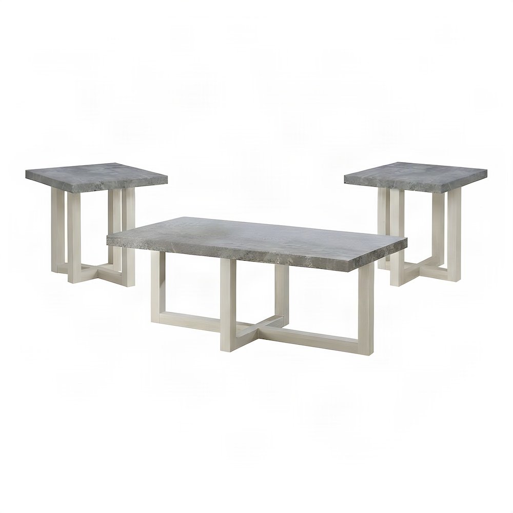 Wood Faux Concrete-Top Coffee and End Table 3 Piece Set, Faux Concrete and White