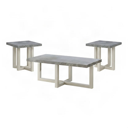 Wood Faux Concrete-Top Coffee and End Table 3 Piece Set, Faux Concrete and White