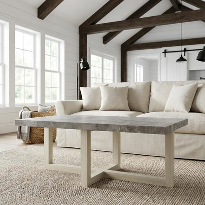 Faux Concrete Coffee Table in White with Contemporary Design and Sturdy Build