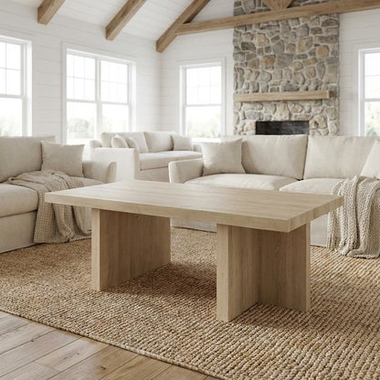 Brown Contemporary Coffee Table with Oak Finish and Sturdy Solid Wood Design