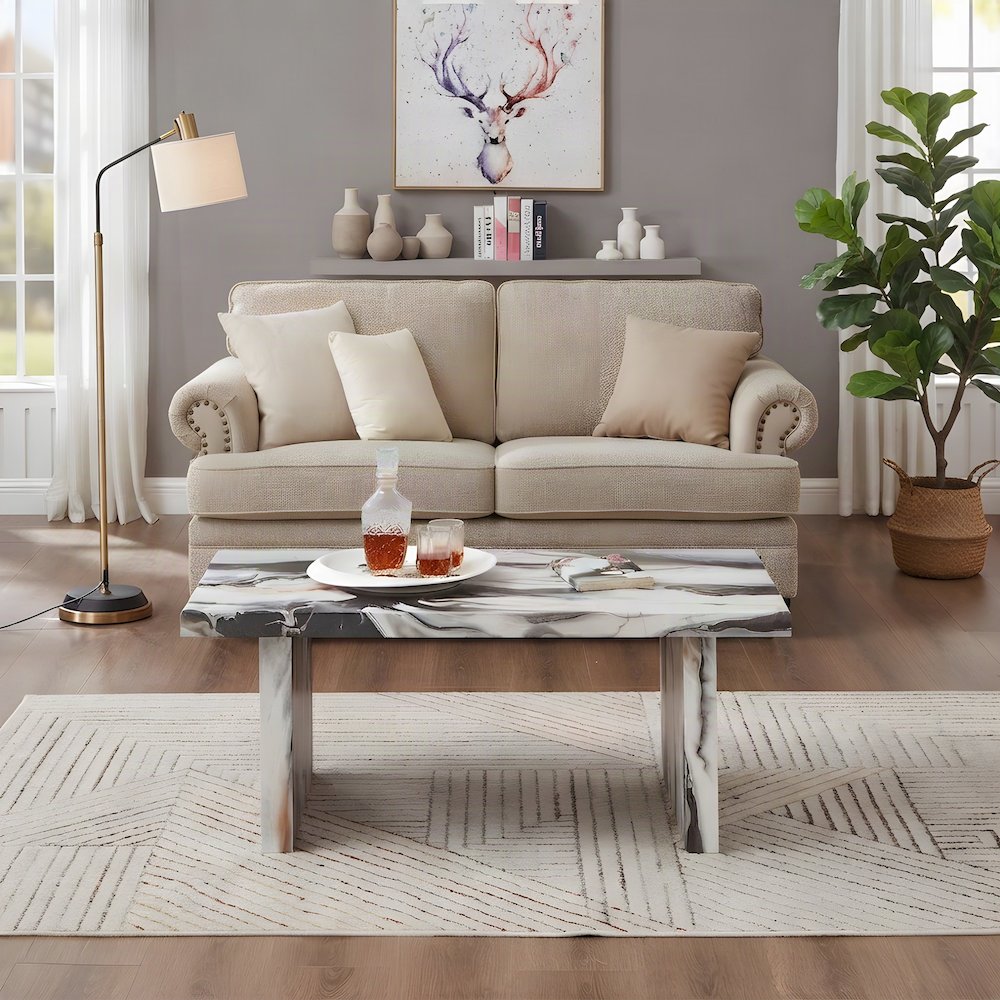 Faux Marble-Top Modern Rectangular Coffee Table for Living Room