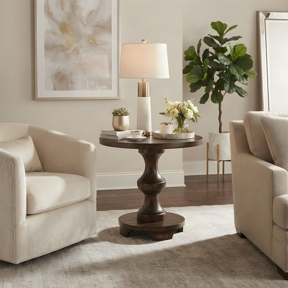 Traditional Round Pedestal End Table, MDF Wood-Finish Side Table, Espresso