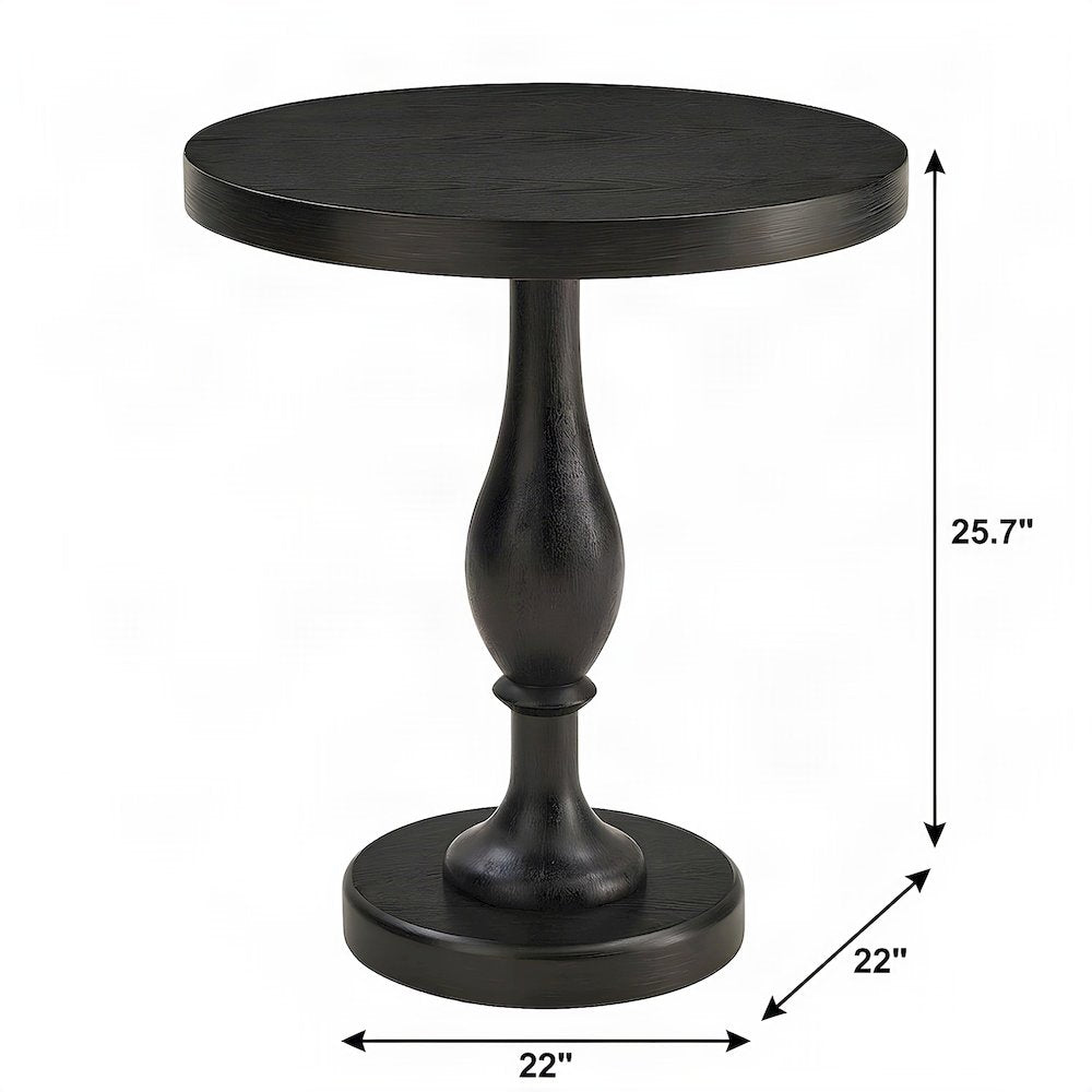 Round MDF and Ash Wood End Table on Rubberwood Pedestal Base, Black