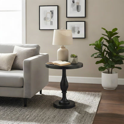 Round MDF and Ash Wood End Table on Rubberwood Pedestal Base, Black