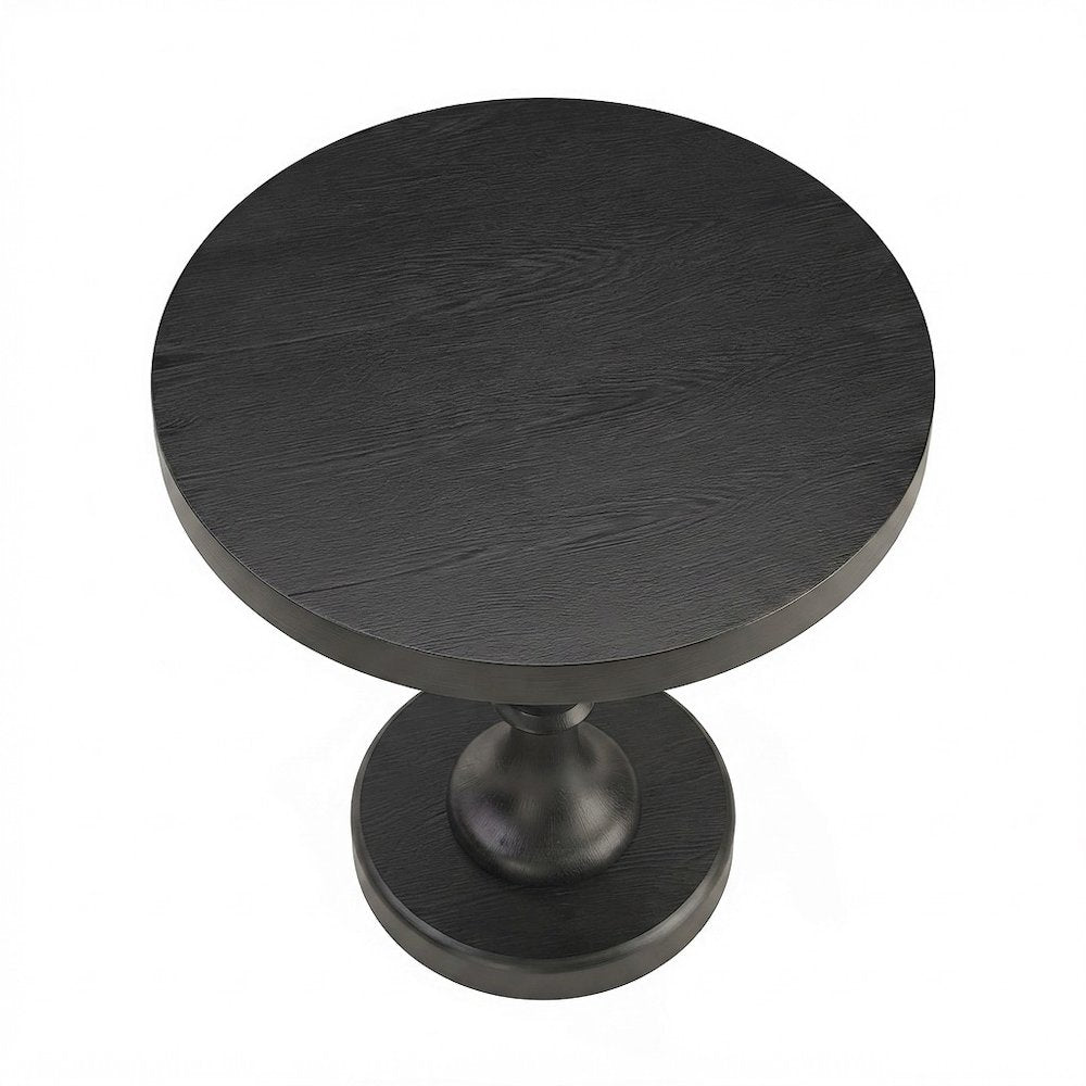 Round MDF and Ash Wood End Table on Rubberwood Pedestal Base, Black