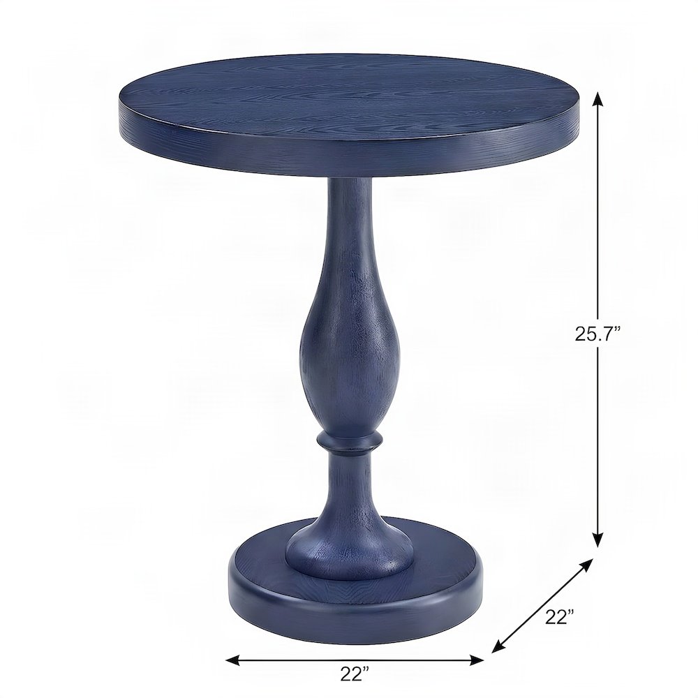 Round MDF and Ash Wood End Table on Rubberwood Pedestal Base, Distressed Blue