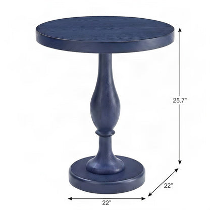 Round MDF and Ash Wood End Table on Rubberwood Pedestal Base, Distressed Blue