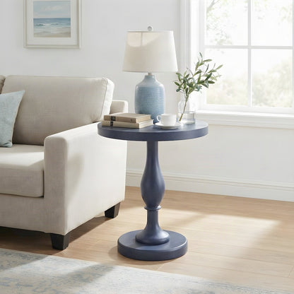 Round MDF and Ash Wood End Table on Rubberwood Pedestal Base, Distressed Blue