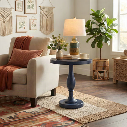 Round MDF and Ash Wood End Table on Rubberwood Pedestal Base, Distressed Blue