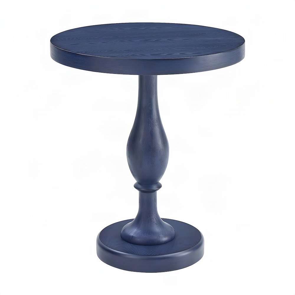 Round MDF and Ash Wood End Table on Rubberwood Pedestal Base, Distressed Blue