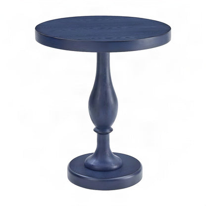 Round MDF and Ash Wood End Table on Rubberwood Pedestal Base, Distressed Blue