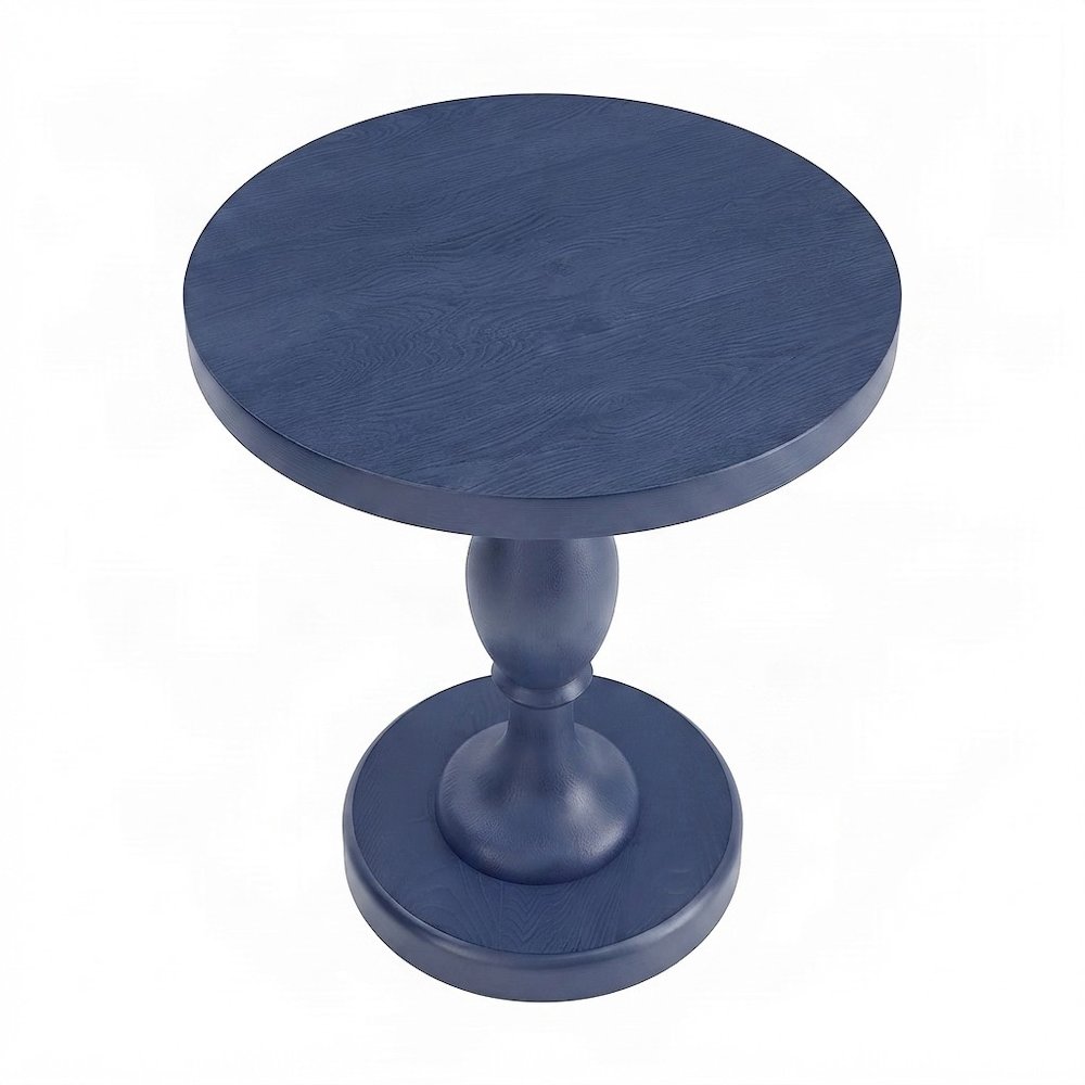 Round MDF and Ash Wood End Table on Rubberwood Pedestal Base, Distressed Blue