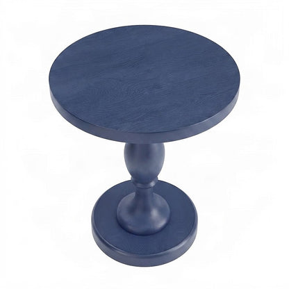 Round MDF and Ash Wood End Table on Rubberwood Pedestal Base, Distressed Blue