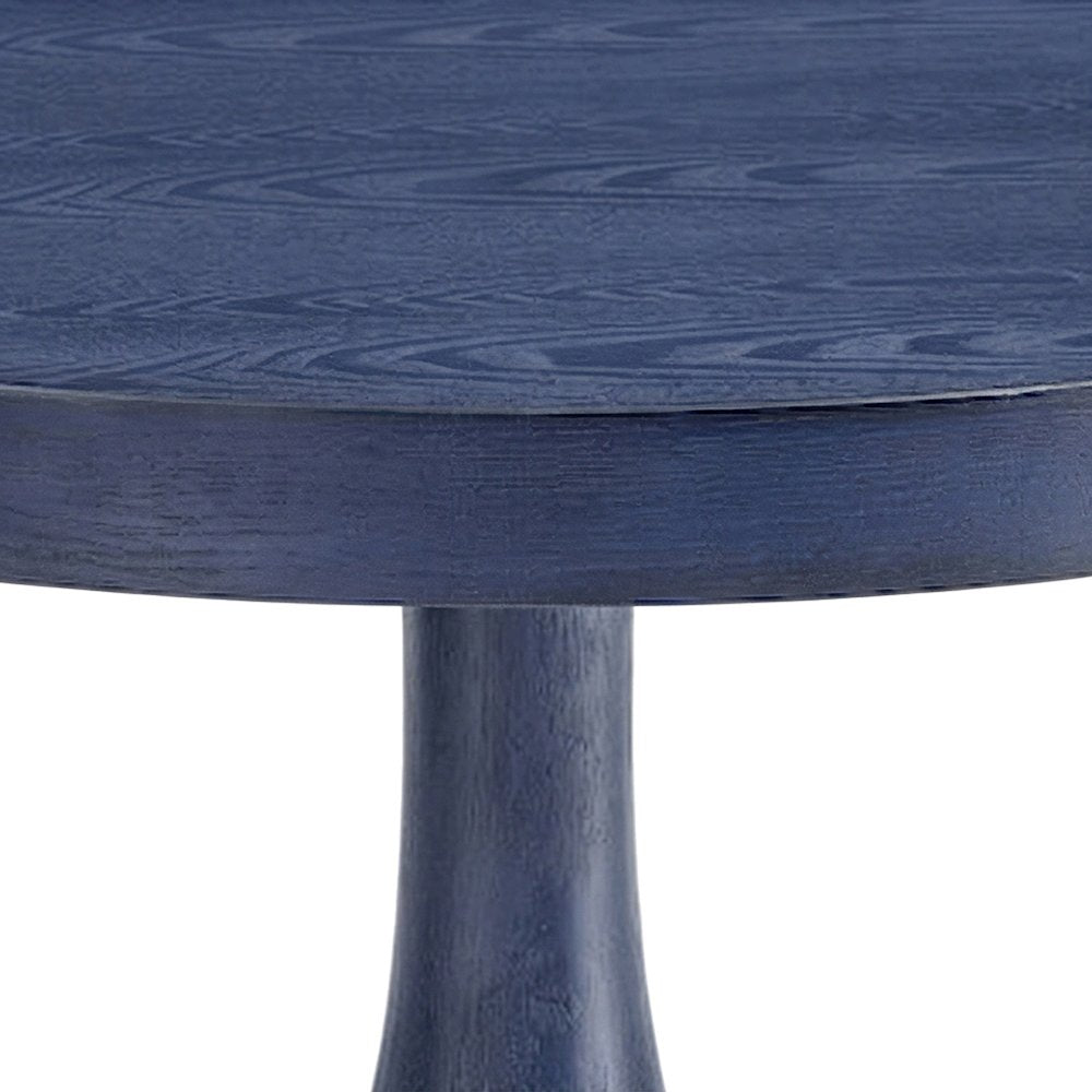 Round MDF and Ash Wood End Table on Rubberwood Pedestal Base, Distressed Blue