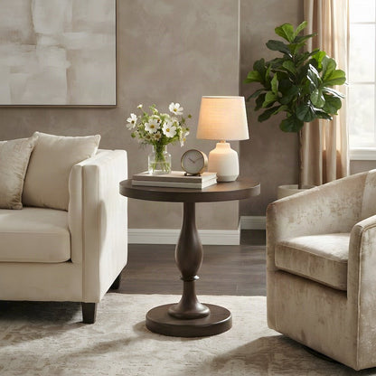 Round MDF and Ash Wood End Table on Rubberwood Pedestal Base, Espresso
