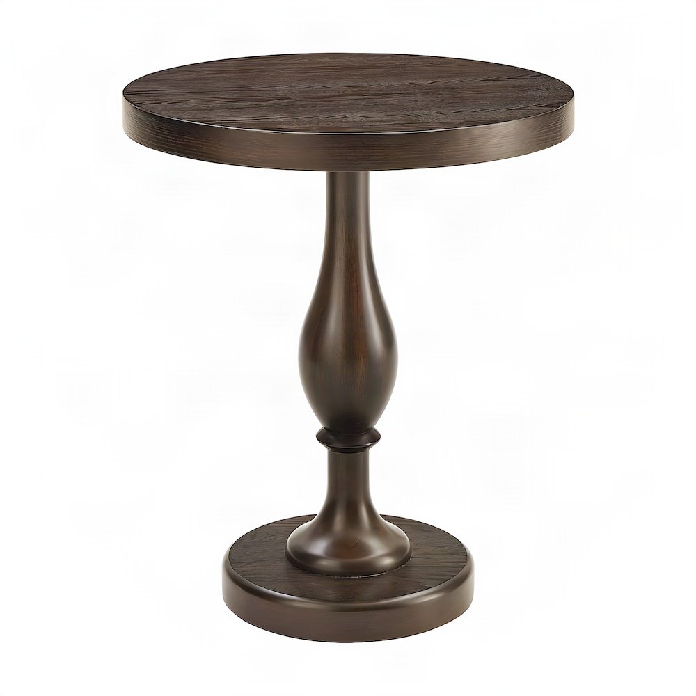 Round MDF and Ash Wood End Table on Rubberwood Pedestal Base, Espresso