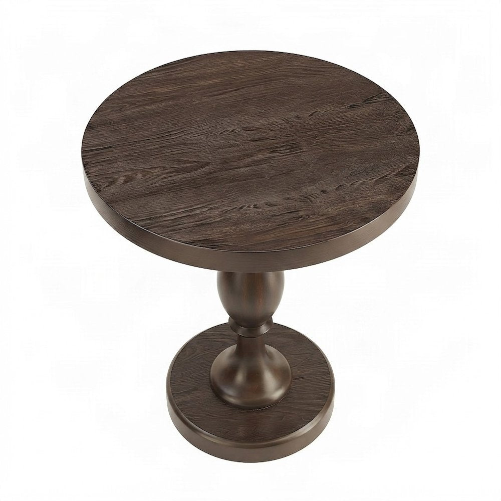 Round MDF and Ash Wood End Table on Rubberwood Pedestal Base, Espresso