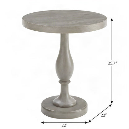 Round MDF and Ash Wood End Table on Rubberwood Pedestal Base, Distressed Gray