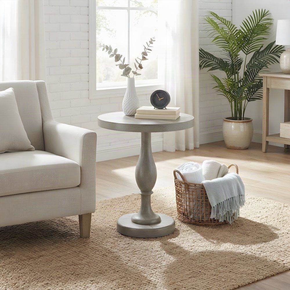 Round MDF and Ash Wood End Table on Rubberwood Pedestal Base, Distressed Gray