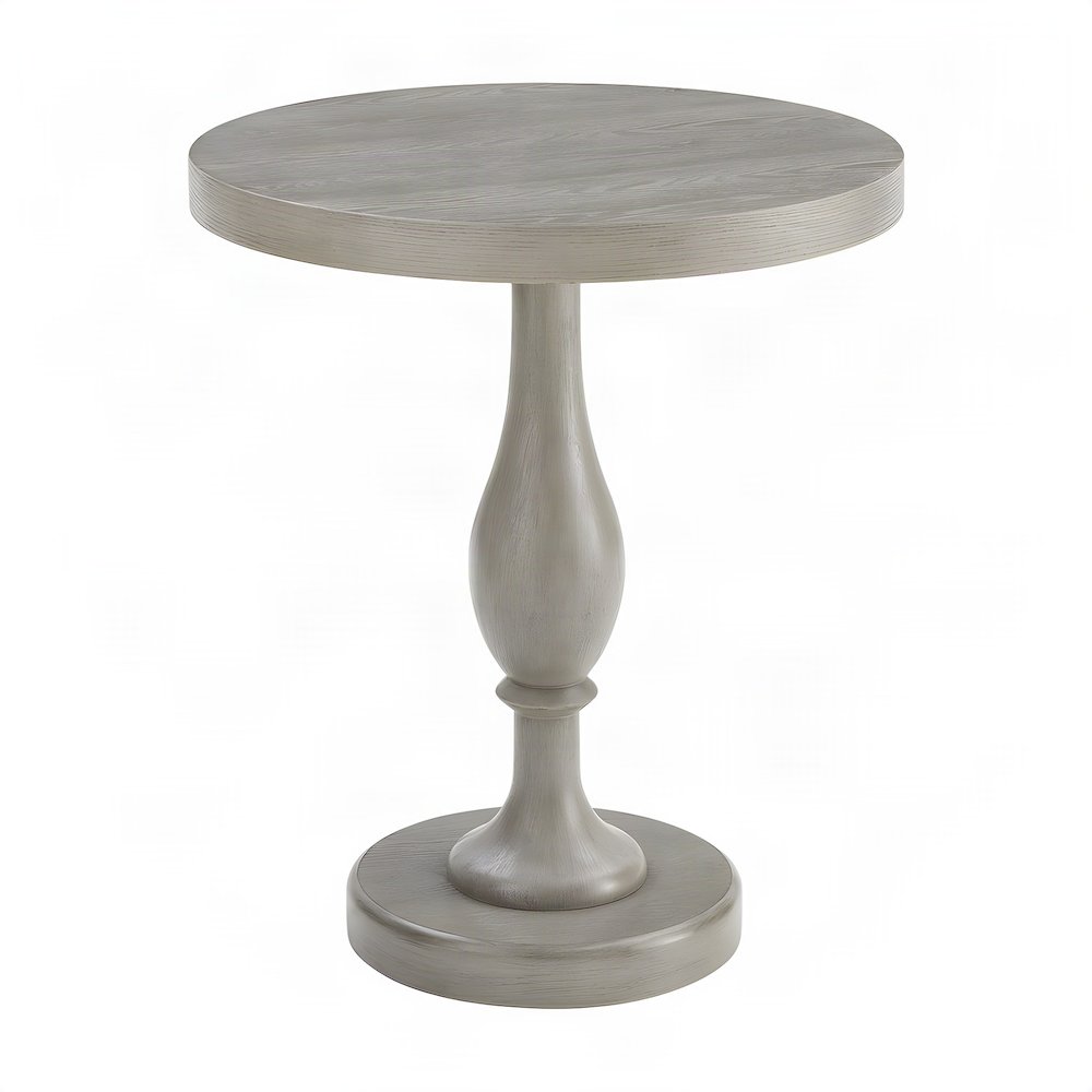Round MDF and Ash Wood End Table on Rubberwood Pedestal Base, Distressed Gray