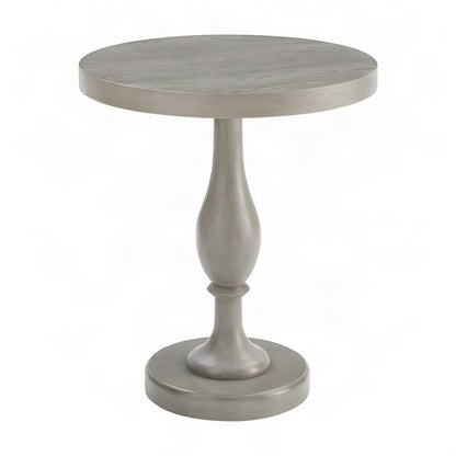 Round MDF and Ash Wood End Table on Rubberwood Pedestal Base, Distressed Gray